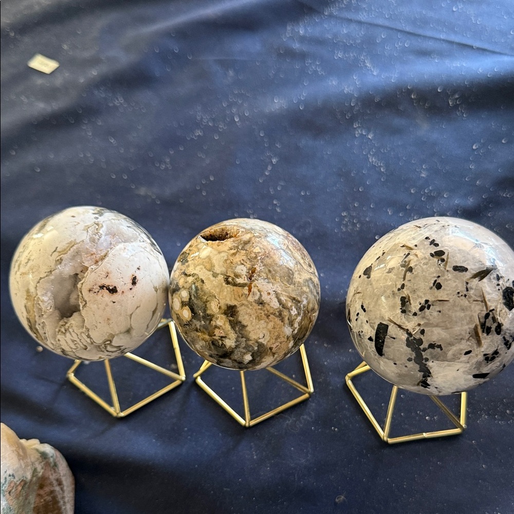 Set of Three Decorative Stone Spheres on Stands
